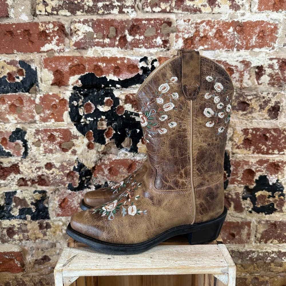 Shyanne Girls Brown Leather Floral Western Cowboy Boots BSGSP24P8 2.0D